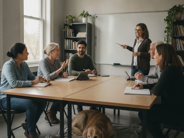 A small group of adult learners sits around a table while an instructor gestures at a blank whiteboard, with a calm adult Golden Retriever resting under the table.