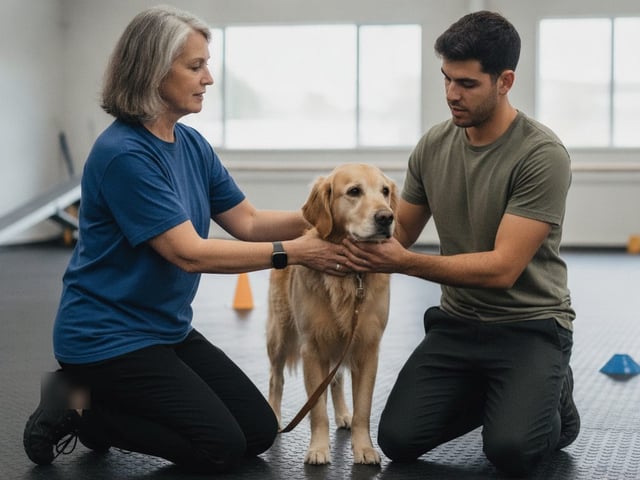 A senior trainer and an emerging trainer both place hands on an adult Golden Retriever's collar during a hands-on mentoring moment.