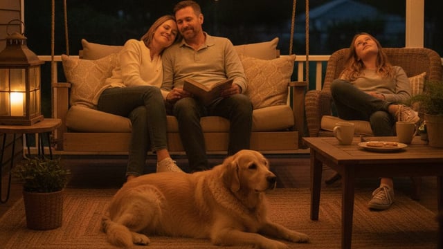 A family relaxes together on a porch swing in the evening with an adult Golden Retriever resting on the rug beside them, string lights overhead.
