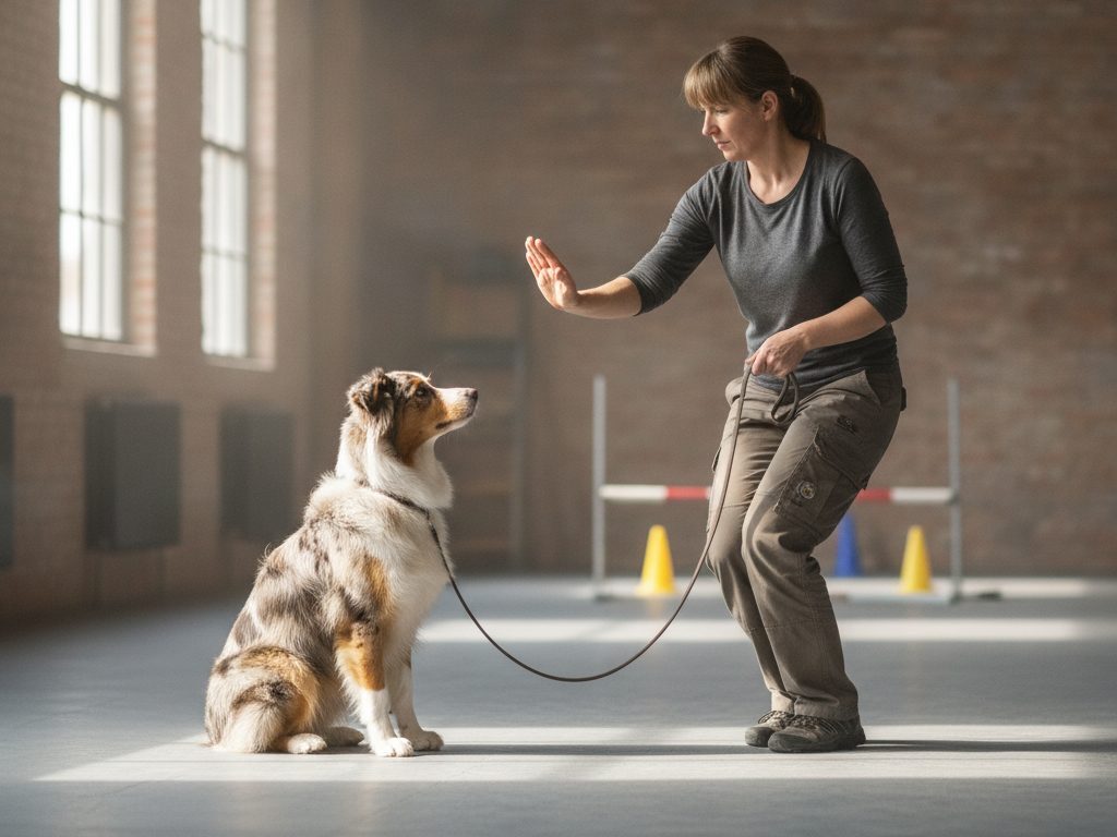 A handler gives a hand-cue to an adult Australian Shepherd on a leash inside an indoor training space with agility equipment visible.