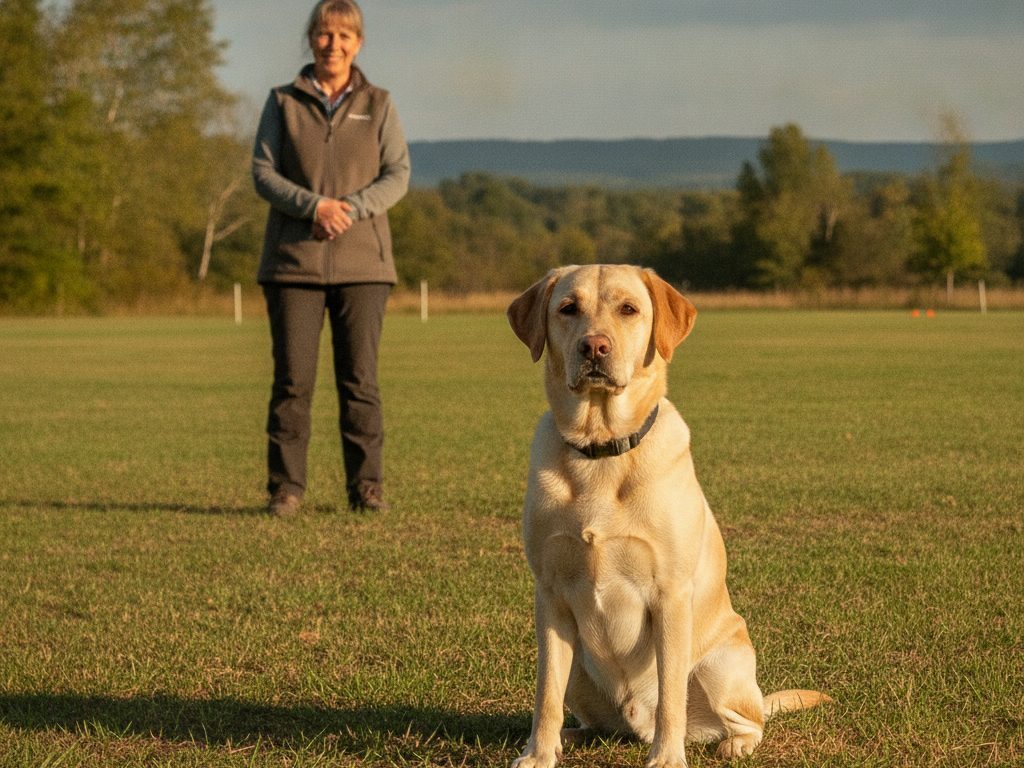 An adult yellow Labrador Retriever holds a confident stay in an outdoor field while a handler stands at a distance.
