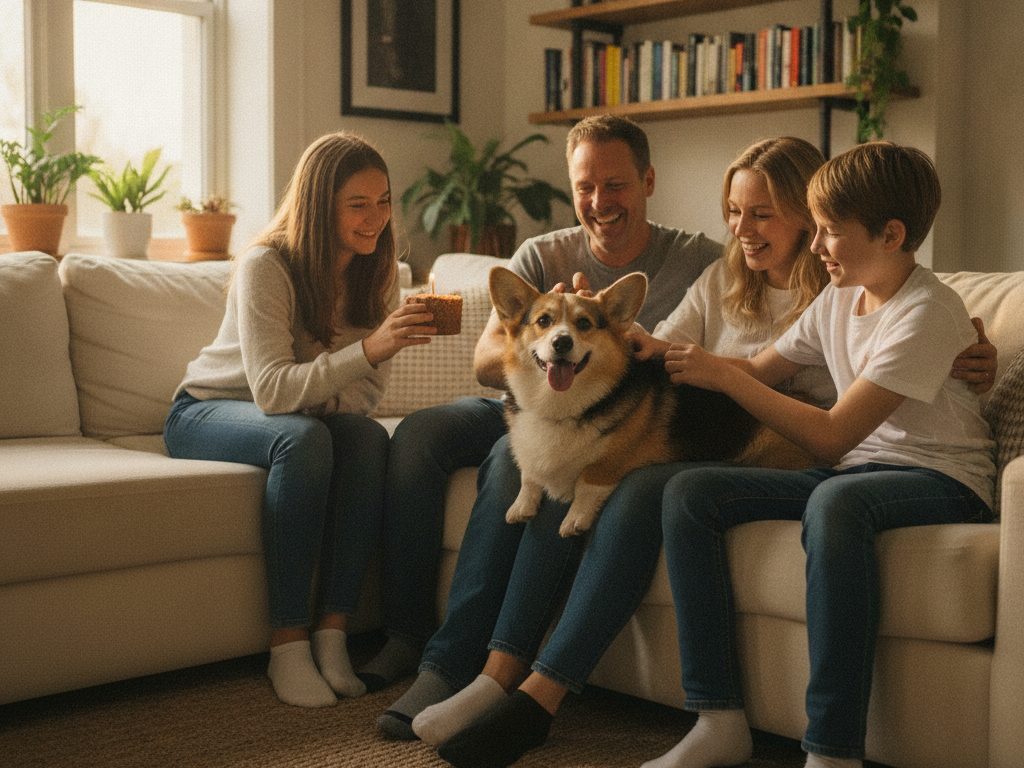 A family sits together on a living-room couch petting a smiling adult Corgi.