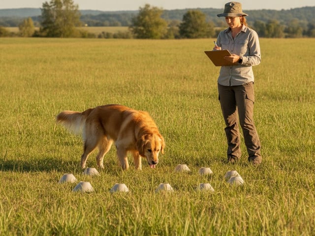 A researcher in a field hat takes notes on a clipboard while an adult Golden Retriever noses through a grid of scent-test domes in a grassy field.