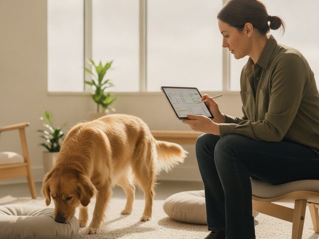 A researcher reviews notes on a tablet while an adult Golden Retriever sniffs a cushion in a bright, modern room.