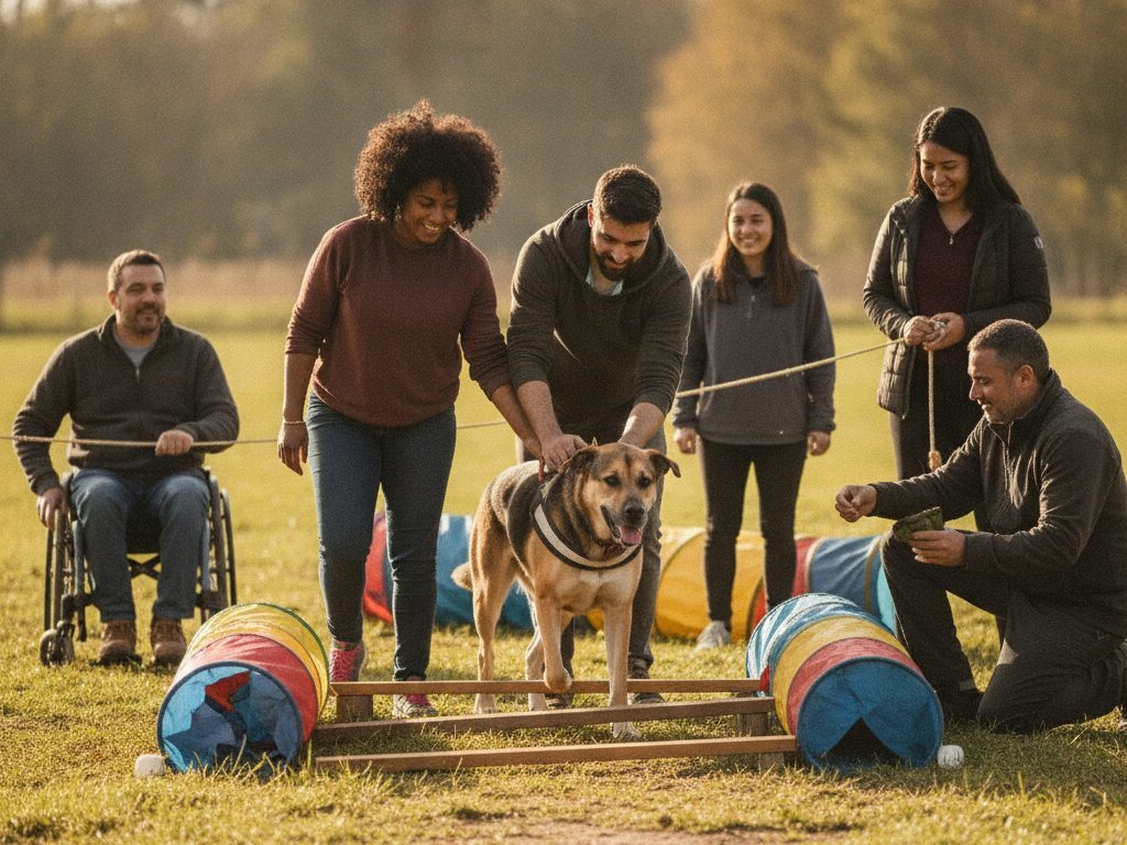 A diverse group of volunteers, including a person using a wheelchair, works together with an adult mixed-breed dog on an outdoor agility course.