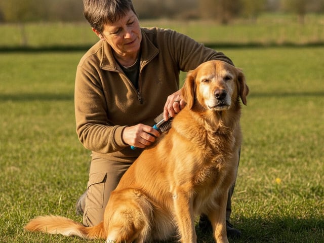A volunteer kneels outdoors brushing the coat of an adult Golden Retriever.