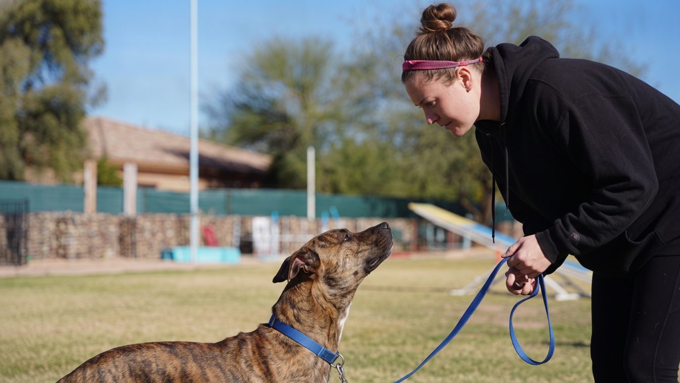 A handler bends down to work with an adult brindle dog on a leash in an outdoor grassy field.
