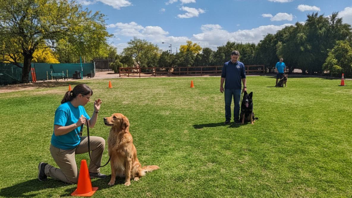 A volunteer kneels with an adult Golden Retriever on a leash during an outdoor group training session.