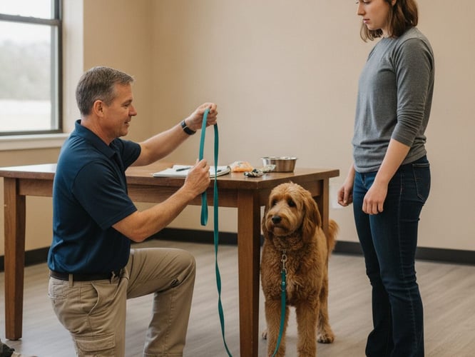 A trainer demonstrates leash handling to another person while an adult Goldendoodle stands nearby.