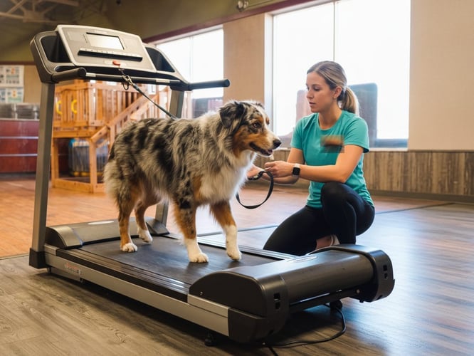 A handler guides an adult Australian Shepherd through a controlled walking exercise on a treadmill.