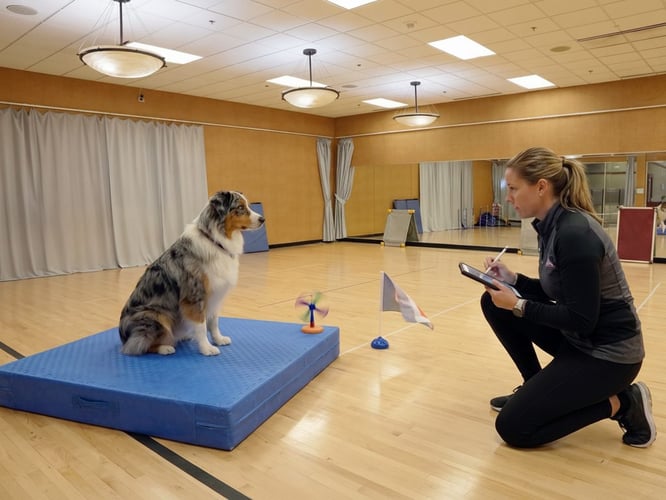 A researcher kneels with a tablet, observing and recording an adult Australian Shepherd's behavior.