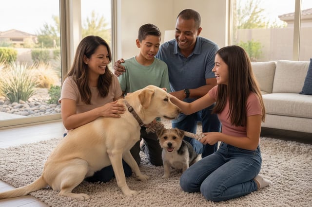 A family sits on a living-room rug petting an adult yellow Labrador and a small terrier mix.