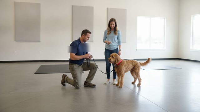 A trainer demonstrates leash handling to another person while an adult Goldendoodle stands leashed nearby.