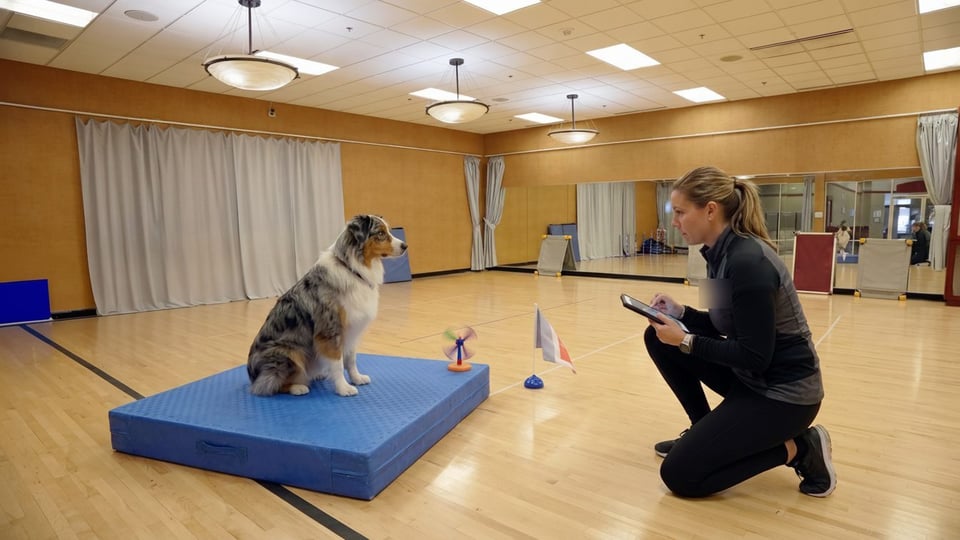 A researcher observing and recording a dog's behavior during a field study